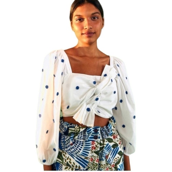 NWT FARM RIO Blue Floral Long Sleeve Crop Top Medium - Picture 1 of 5